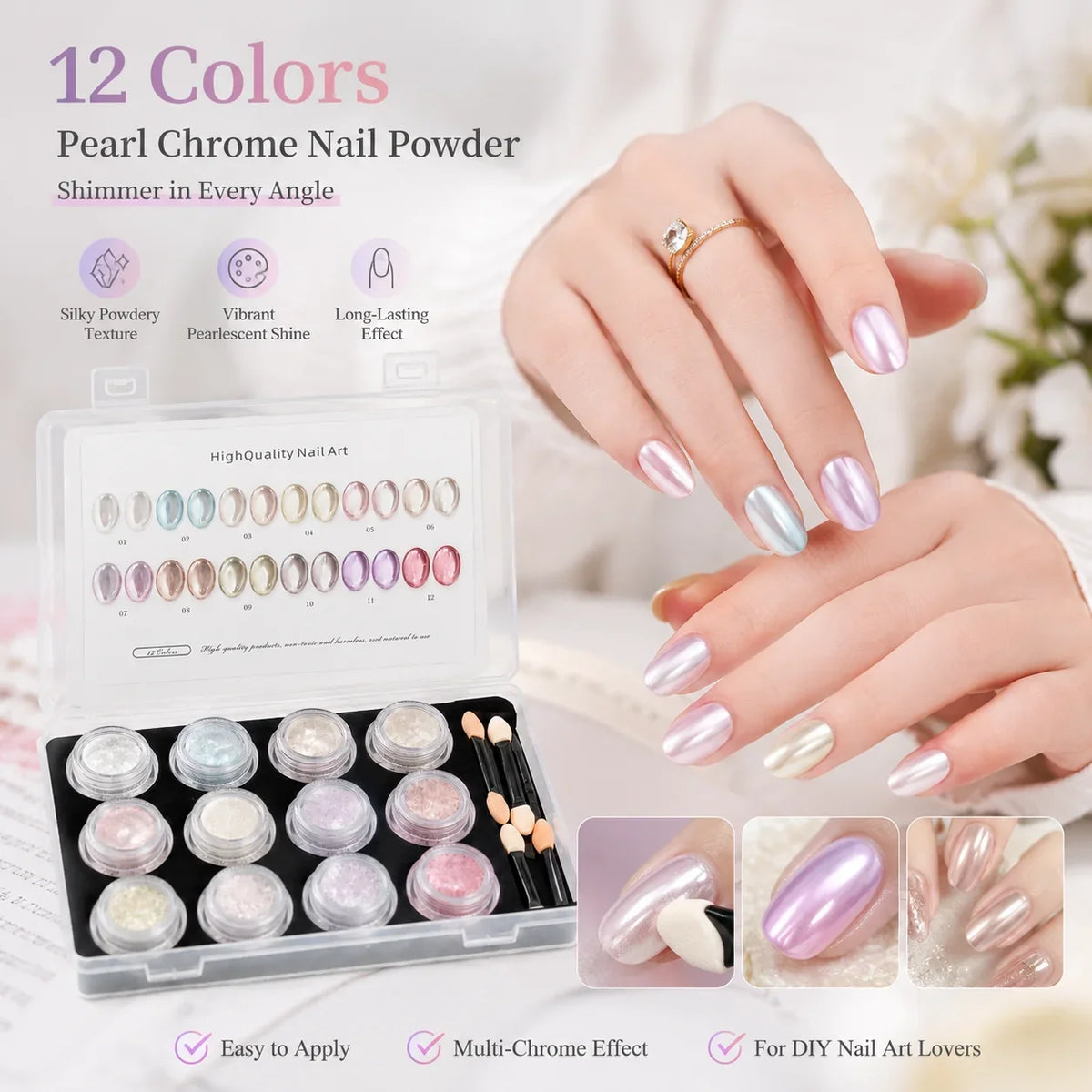 Aurora Chrome Nail Powder 12 Colors Mirror Pearl Pigment Kit Chrome Nail Pigment Kit Qme