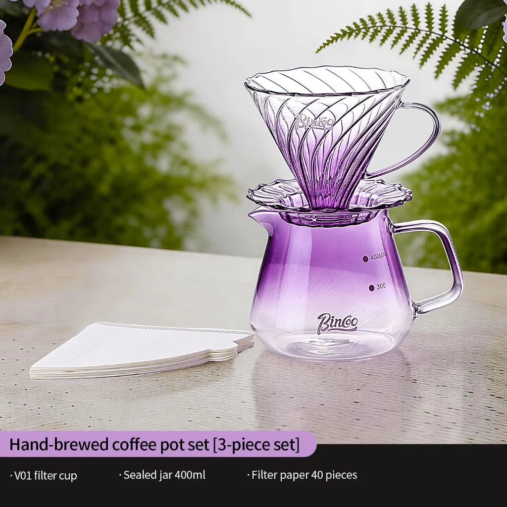 BINCOO Gradient Purple Pour Over Coffee Set – Glass Dripper & Pot Pour Over Coffee Set Qst 3pcs Set