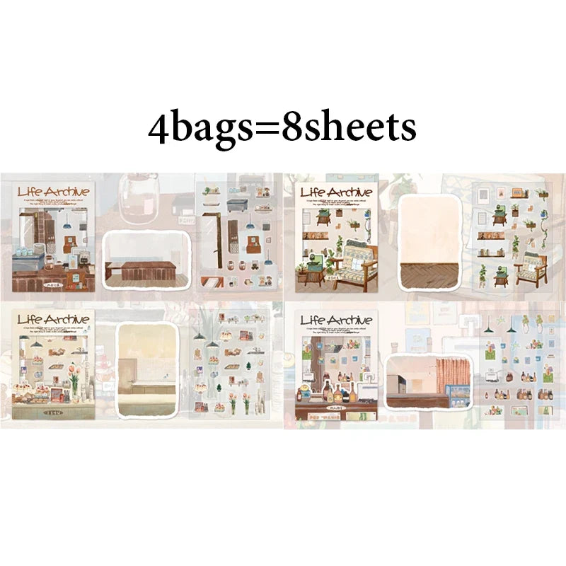 Cozy Home Illustration Stickers – 4 Bag Set for Journaling Decorative Sticker Pack Qme 4bags
