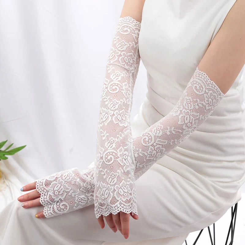 Women's Long Lace Fishnet Mesh Fingerless Gloves 47cm Fingerless Lace Gloves Qme