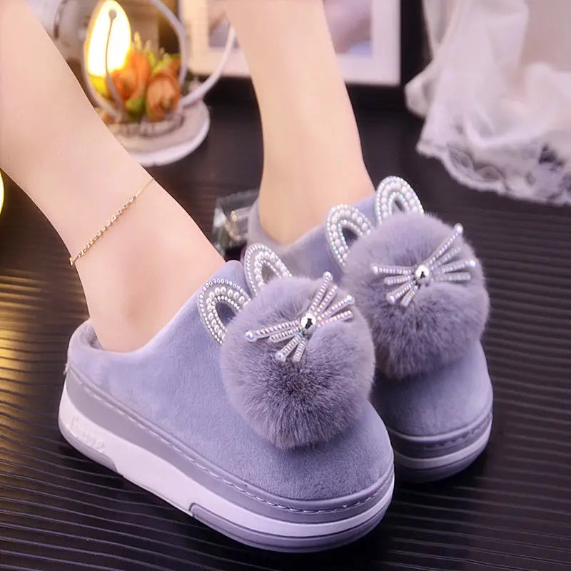 Women's Winter Plush Slippers – Crystal Rhinestone Indoor Women's Plush Slippers Qst WD-162B Gray CN36-37(Insole 23cm China Mainland