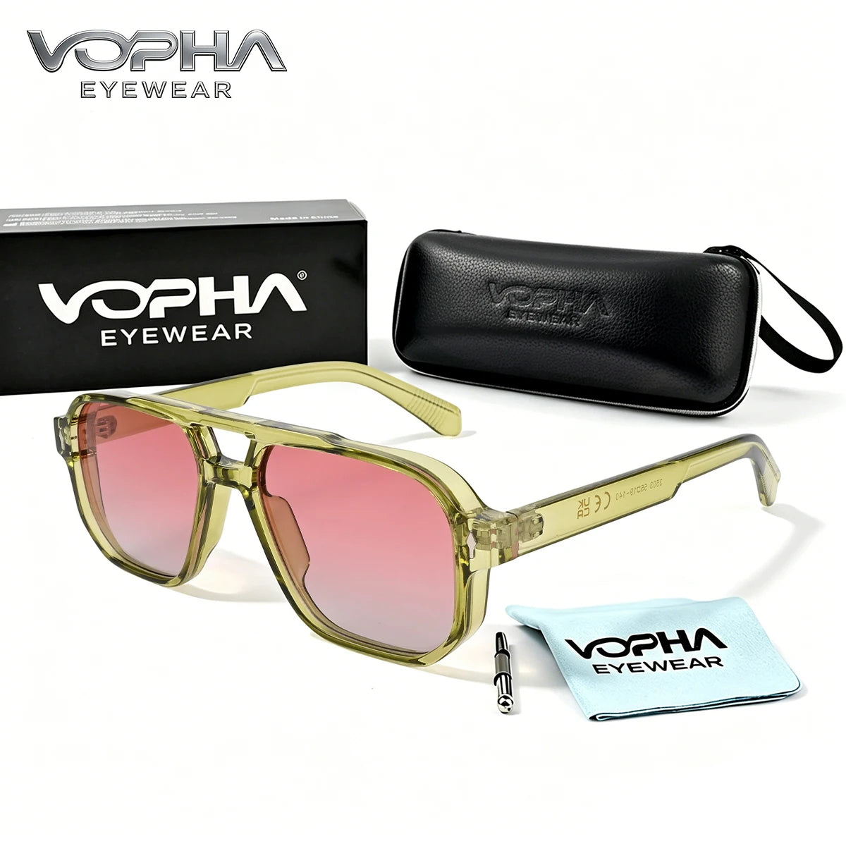VOPHA Retro Pilot Sunglasses Double Bridge UV400 Unisex Pilot Sunglasses Qst Green Red
