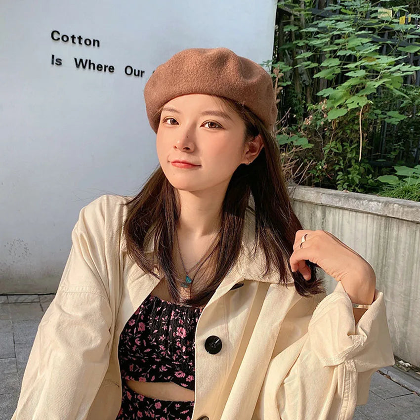 Women's Knitted Beret – Retro Solid Color Winter Warm Hat Knitted Beret Hat Qst