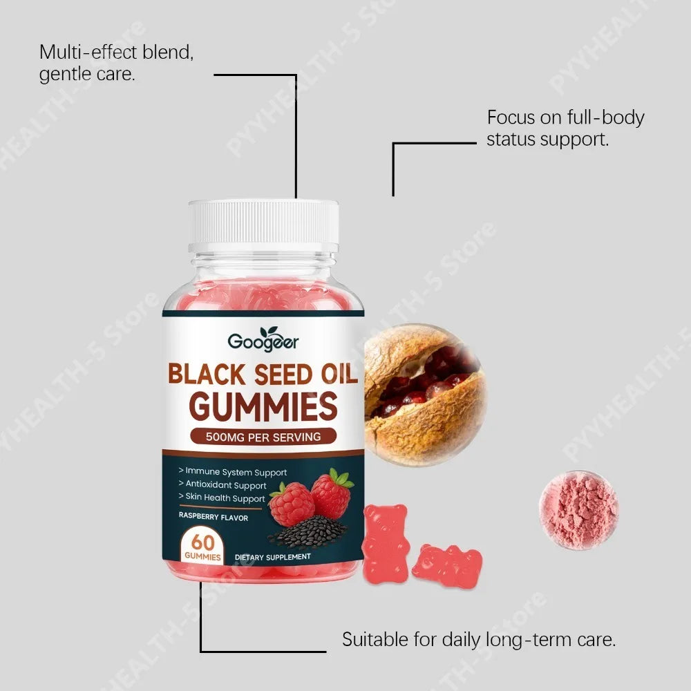 Black Seed Oil Gummies 500mg – Zinc, Pomegranate, Raspberry, 60ct Herbal Supplement Gummies Qst