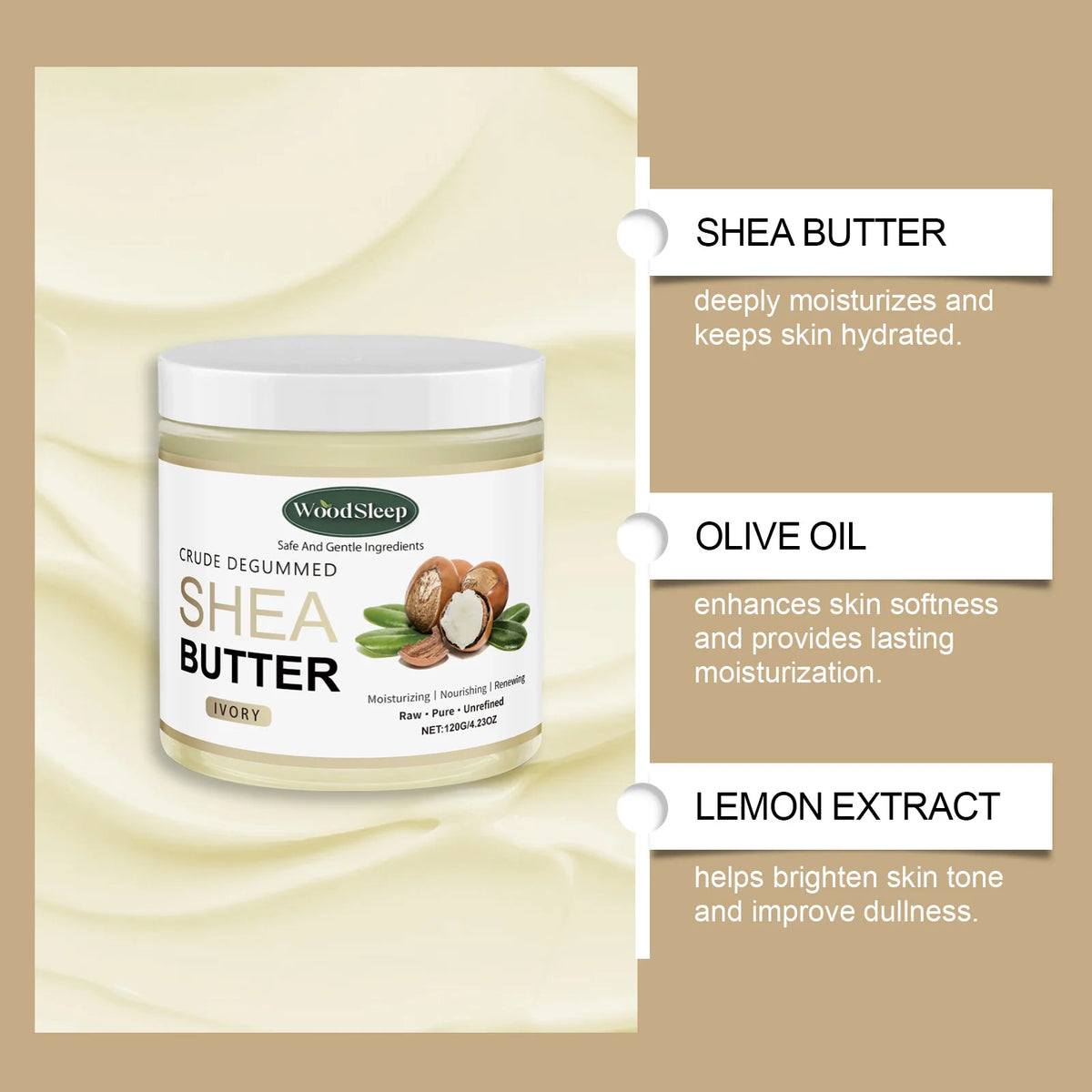 WOODSLEEP Shea Butter Body Cream – Deep Moisturizing 120g Body Butter Cream Qst