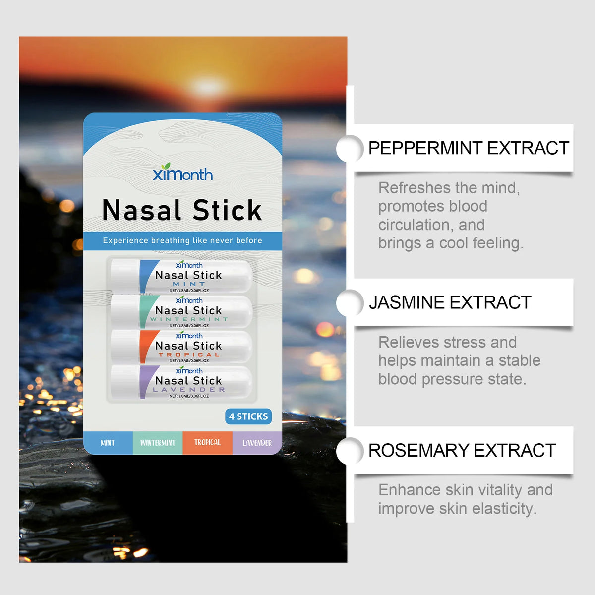 Ximonth Aromatherapy Nasal Inhaler Sticks – Cooling Plant Oil 4-Pack Aromatherapy Inhaler Qst
