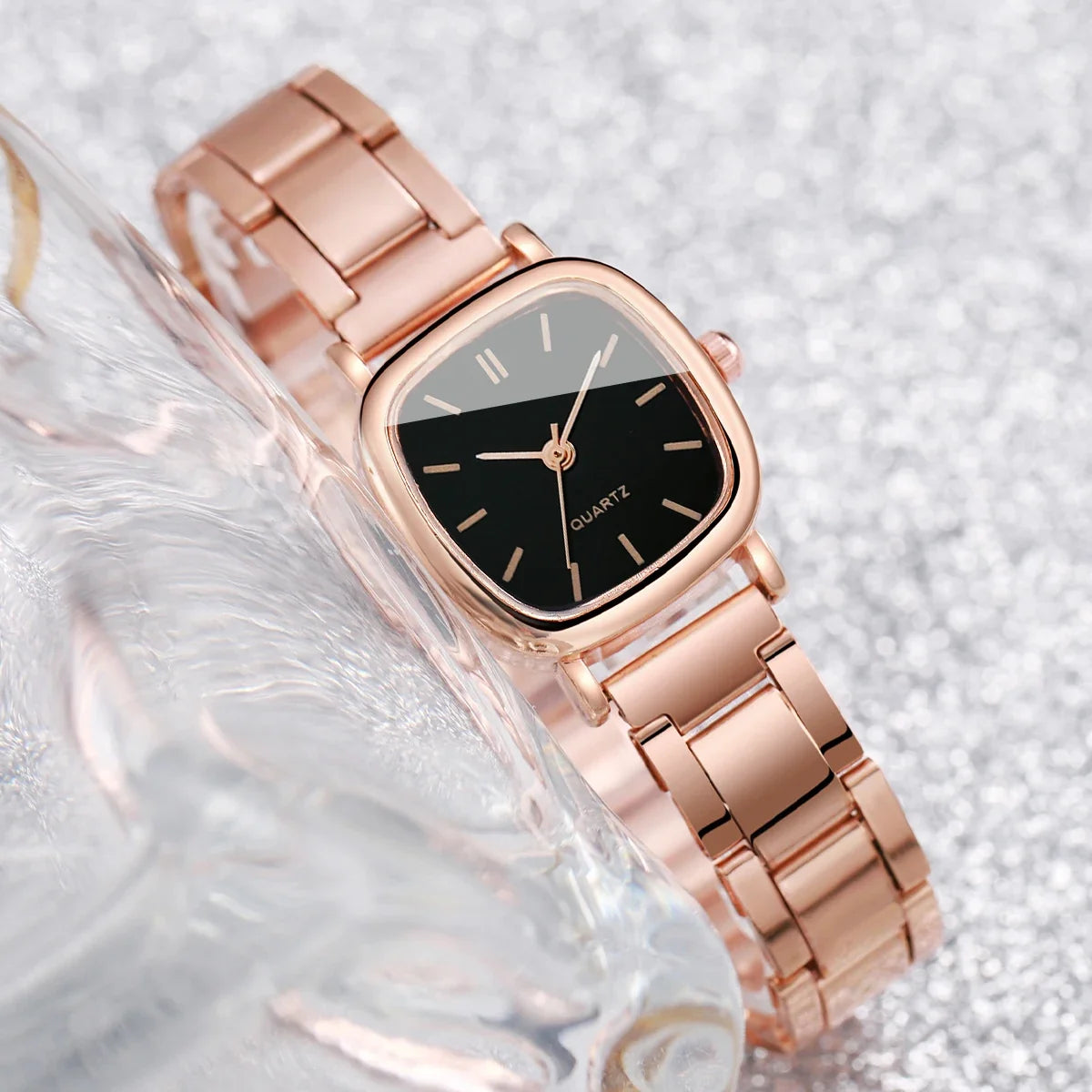 Rose Gold Square Quartz Watch & Heart Bracelet Set | Elegant Watch Bracelet Set Qme