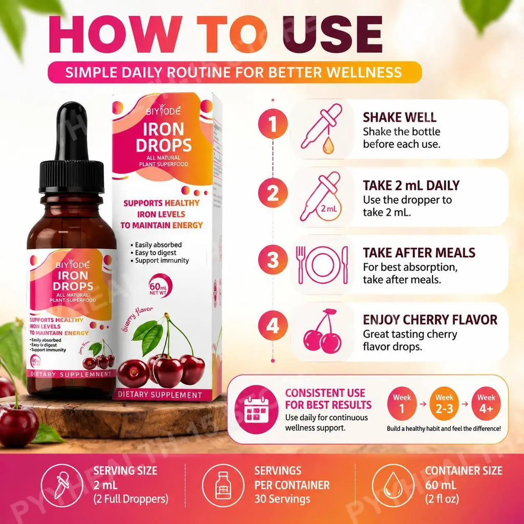 Biyode Iron Drops Cherry Flavor – Soy Free Liquid Iron 60mL Liquid Iron Supplement Qst