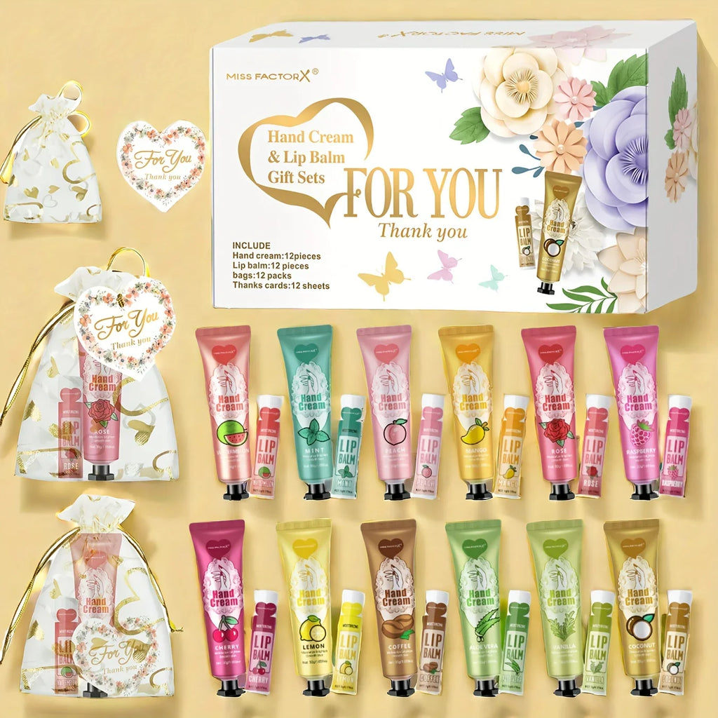 12-Piece Hand Cream & Lip Balm Gift Set | Net Bag & Card Beauty Gift Set Qme