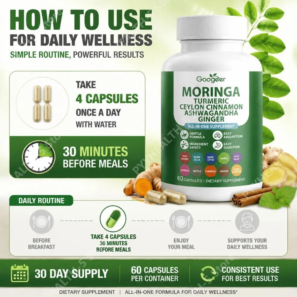 Googeer Moringa Turmeric Capsules w/ Ashwagandha & Ginger 60ct Herbal Supplement Qst