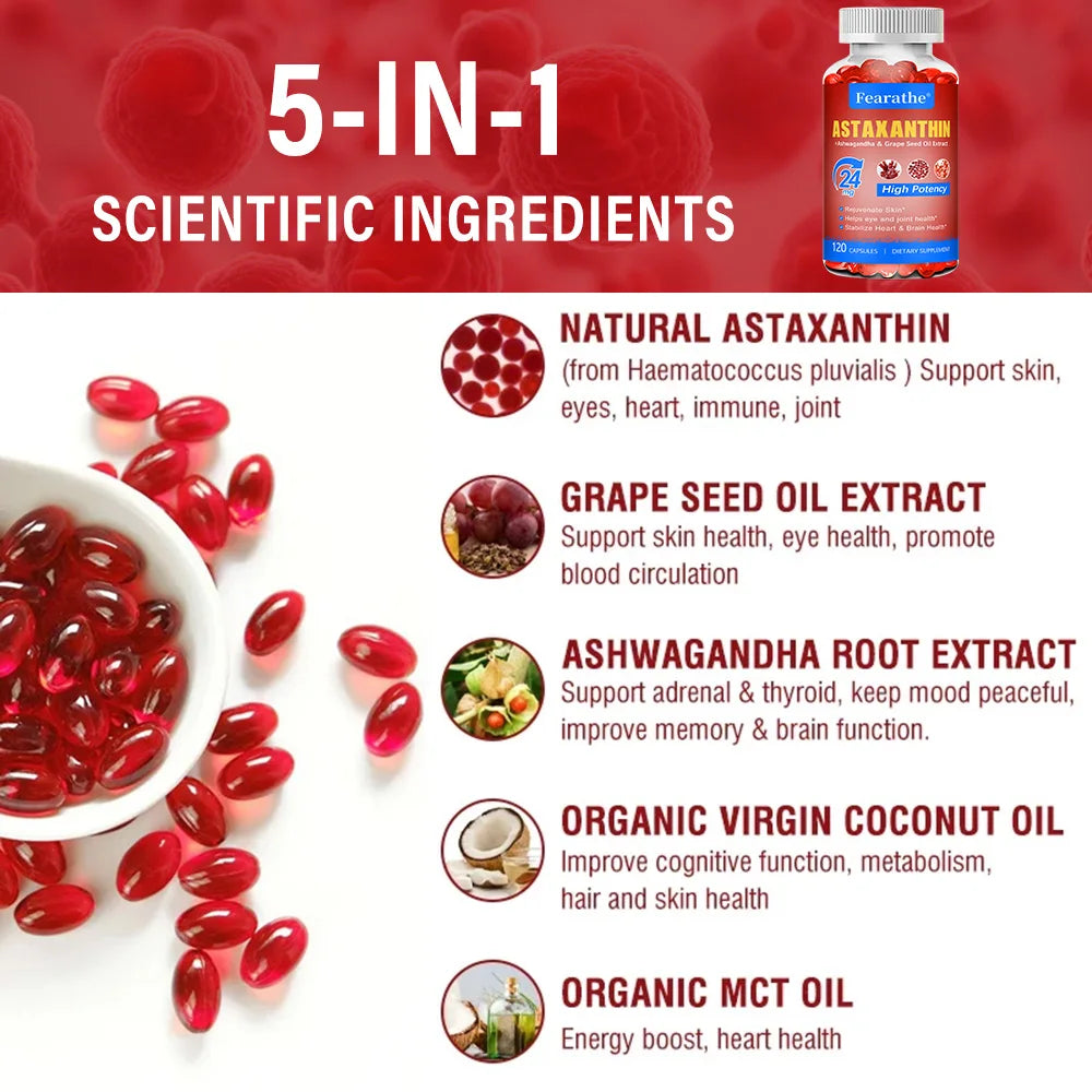 Astaxanthin Capsules with Grapeseed Oil & Ashwagandha | Non-GMO Antioxidant Supplement Qst