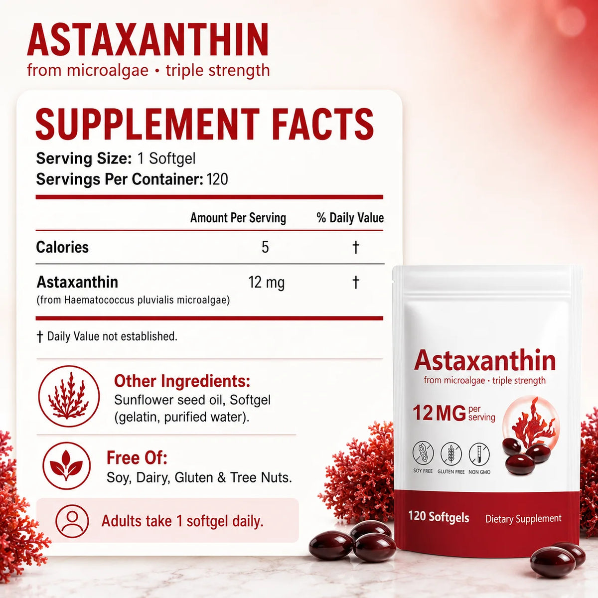 Astaxanthin 12mg Softgels – Microalgae Antioxidant, 120ct Antioxidant Supplement Qst