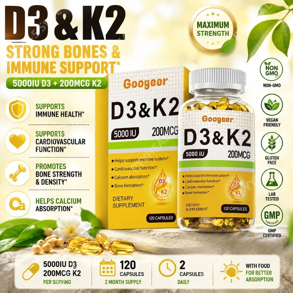 Vitamin D3 5000 IU + K2 200 mcg Capsules – 120 CT | Daily Wellness Vitamin Supplement Qst