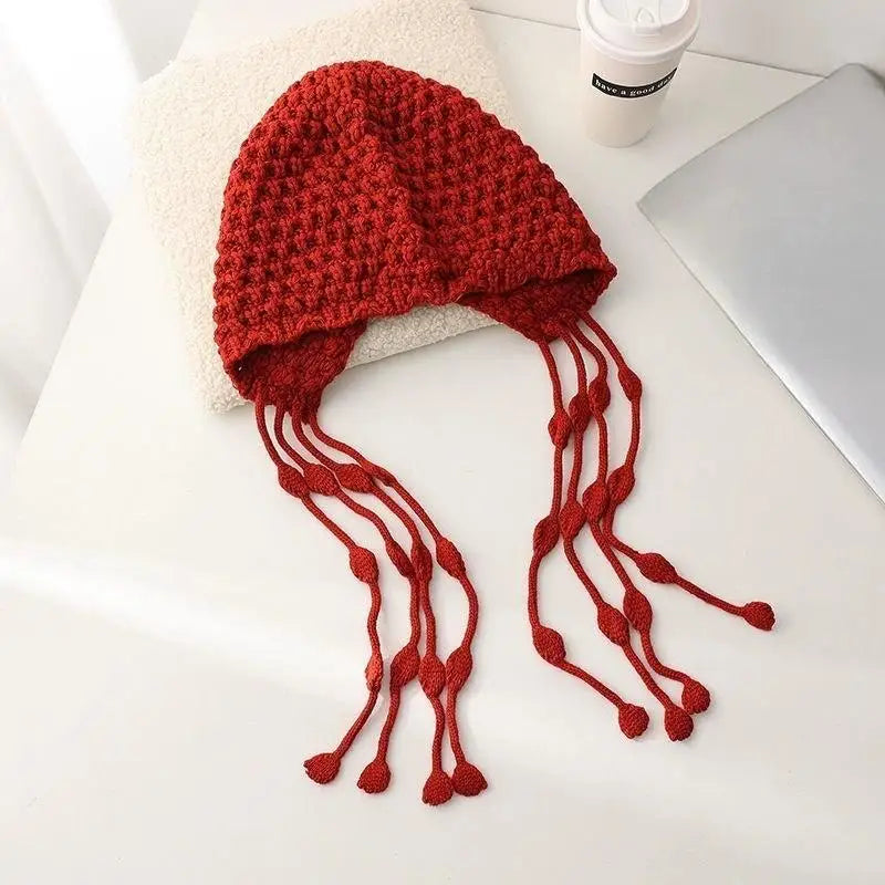 Women's Winter Knitted Tassel Beanie with Ear Cover Knitted Winter Beanie Qst A1