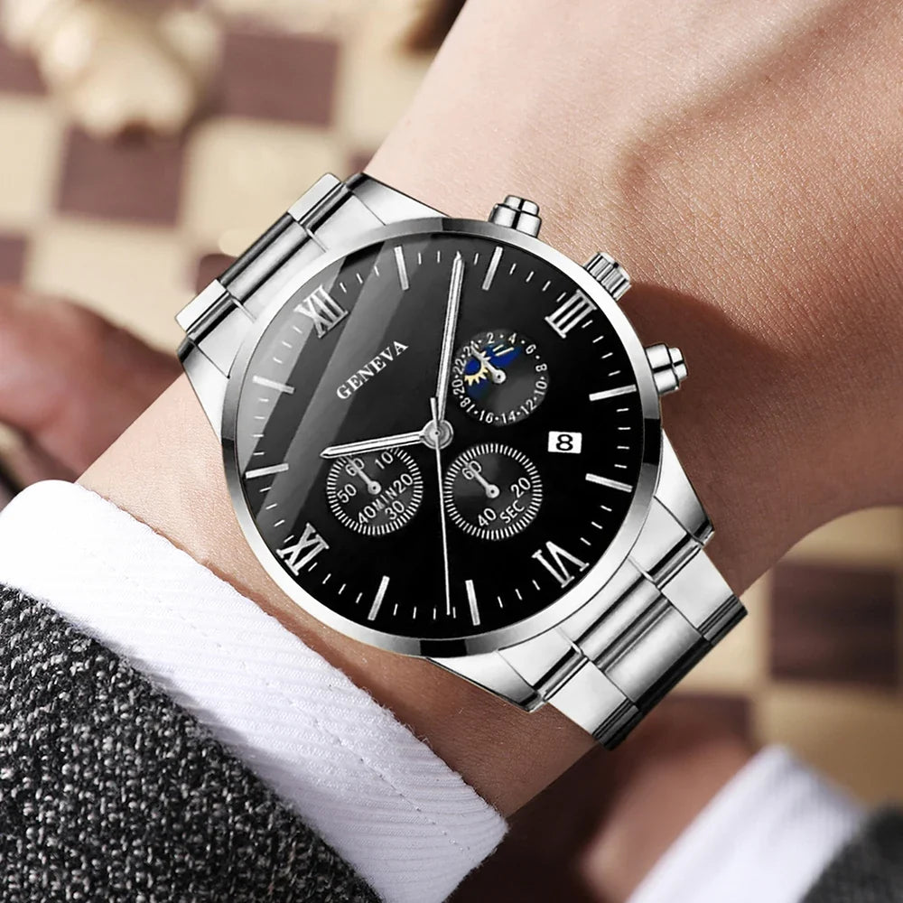 Men's Quartz Watch & Jewelry Set – Cross Pendant, Necklace & Ring Men's Jewelry Set Qme
