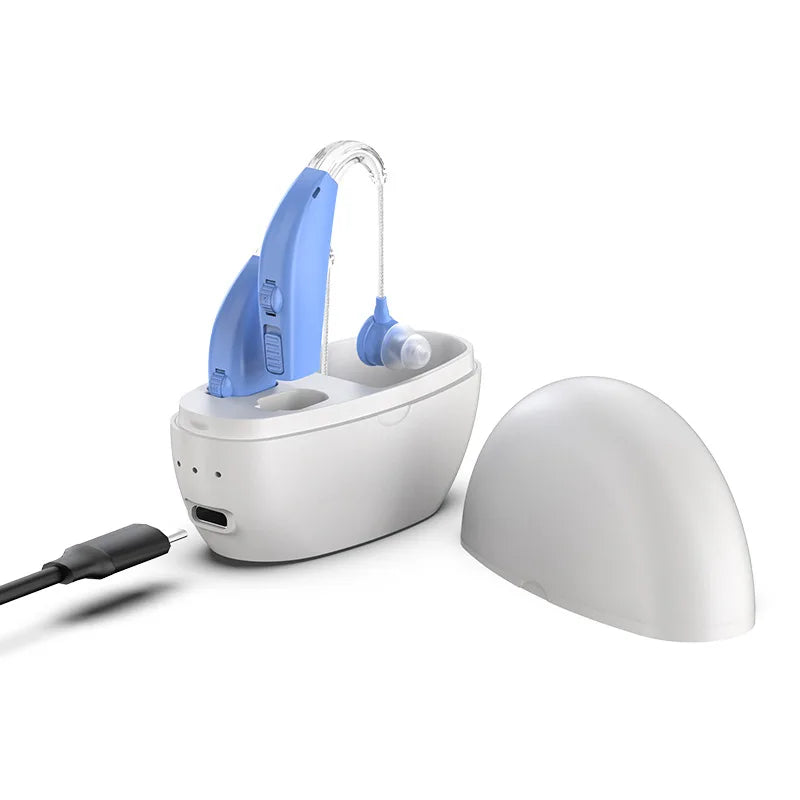 Rechargeable BTE Hearing Aid – Magnetic Charging Case Included BTE Hearing Aid Qst White-Blue