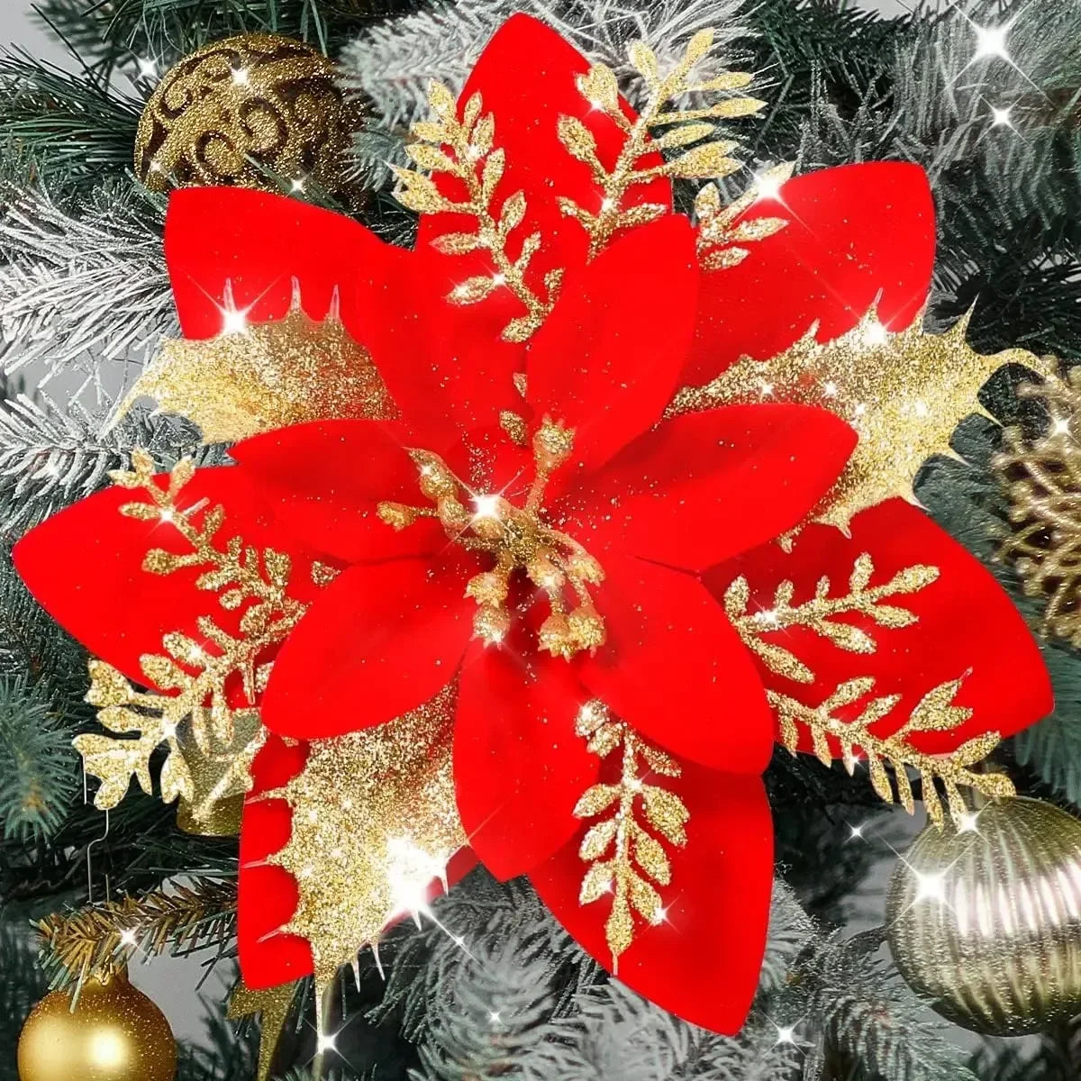 10 Christmas Glitter Artificial Flowers DIY Tree Ornaments Christmas Tree Ornaments Qme