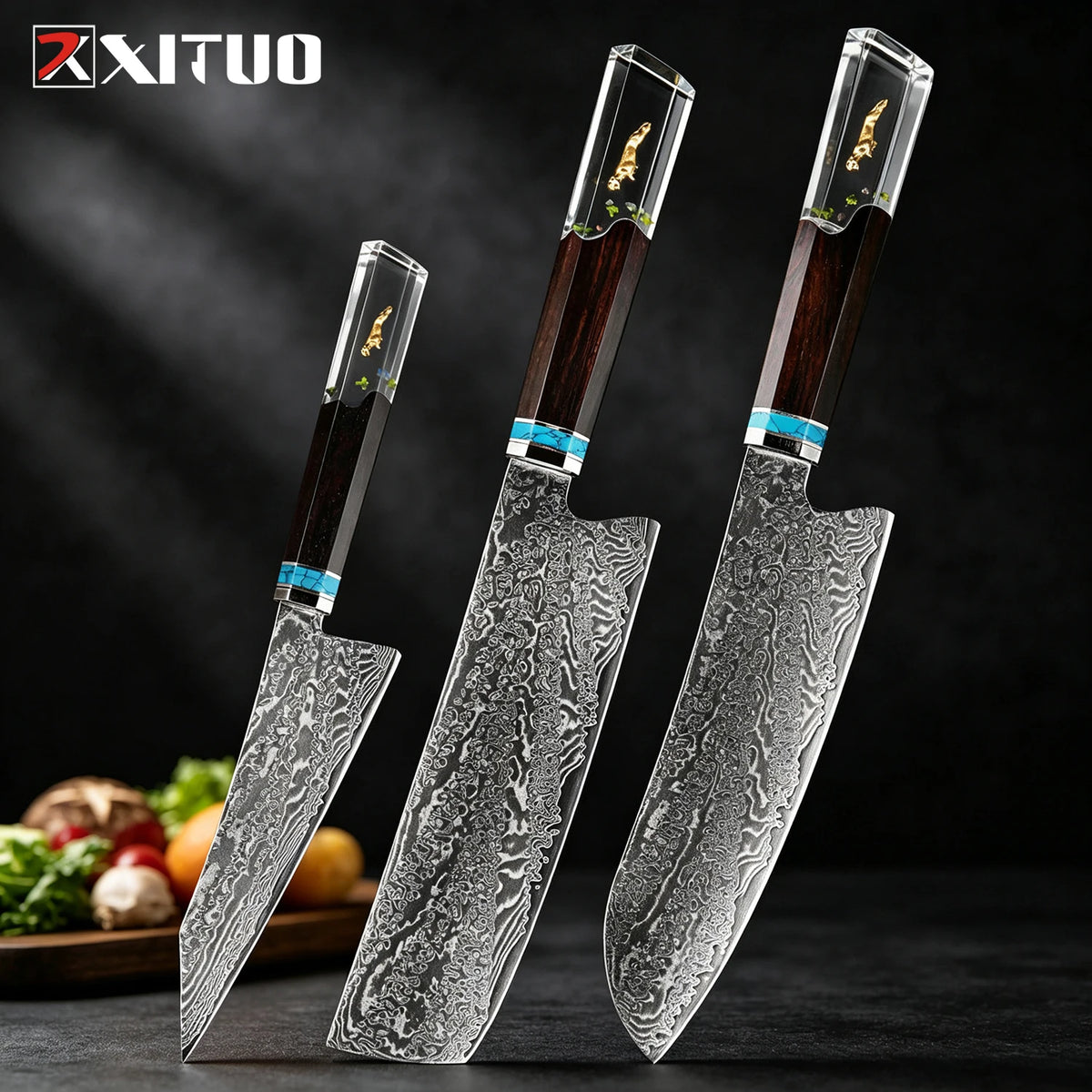 XITUO 6-Piece Damascus Steel Kitchen Knife Set – Resin Handle Kitchen Knife Set Qst 3PCS Knife 2