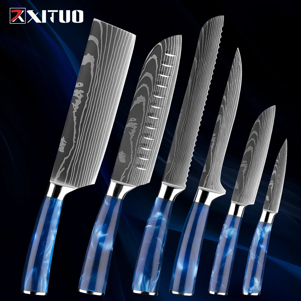 XITUO 6-Piece Kitchen Knife Set – Damascus Santoku Blades Kitchen Knife Set Qst