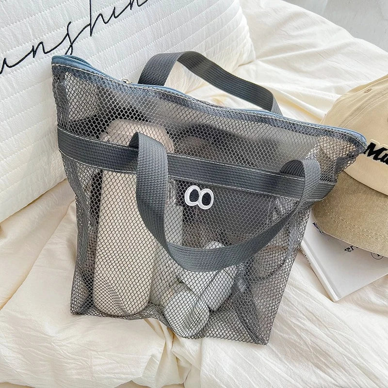 Portable Mesh Storage Bag – Beach, Swim & Gym Organizer Mesh Storage Bag Qme Grey 1pcs