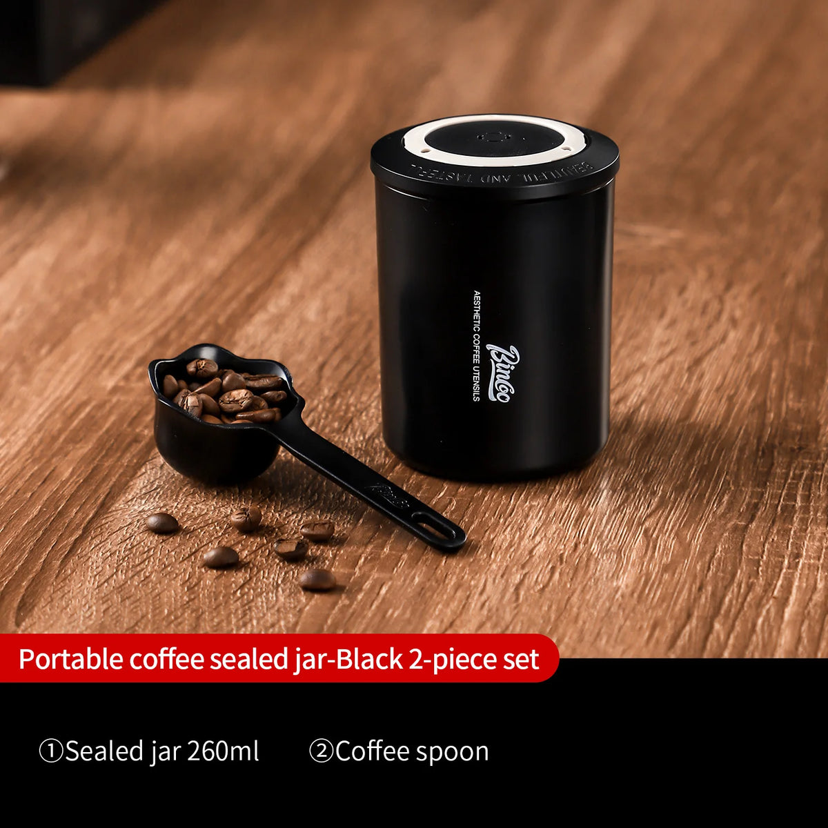 Bincoo Mini Airtight Coffee Bean Storage Jar – Travel Tin Coffee Storage Jar Qst Black spoon 2pcs
