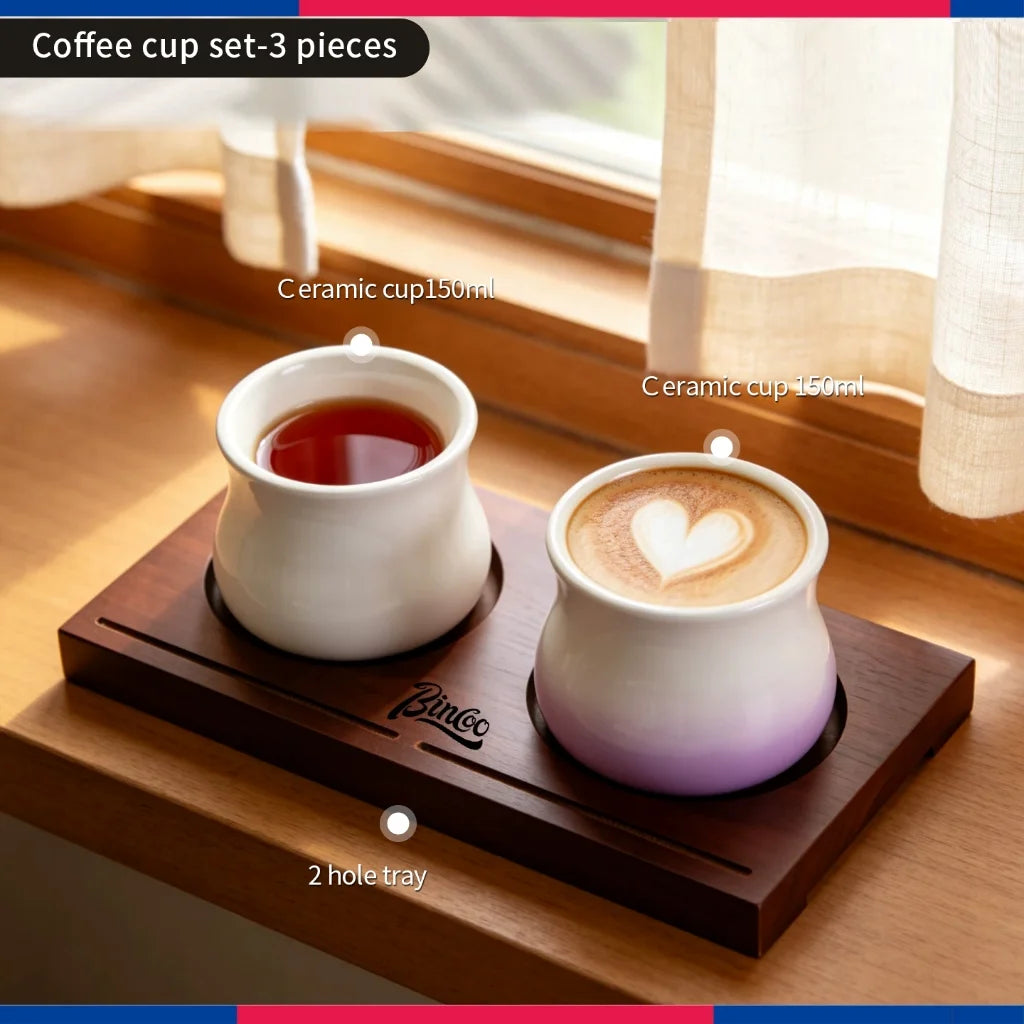 BINCOO Glass & Ceramic Coffee Cup Set with Tray | 150/160ML Coffee Cup Set Qst 3pcs-A2