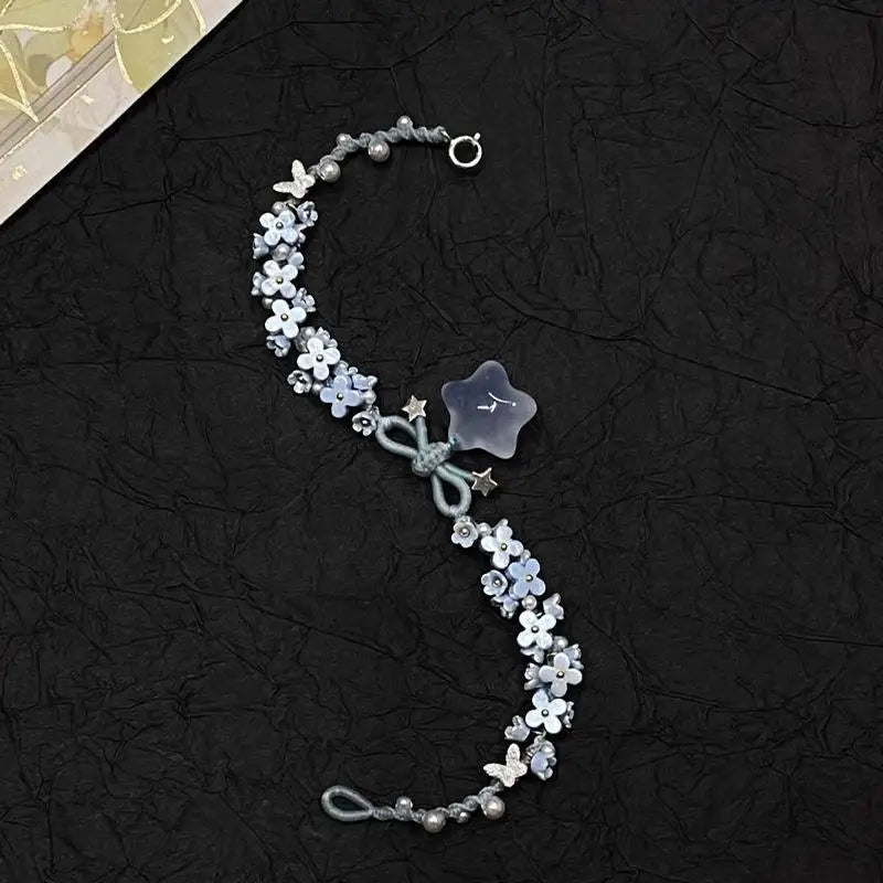 Blue Flower Braided Bracelet – Star Butterfly & Faux Pearl Braided Charm Bracelet Qme