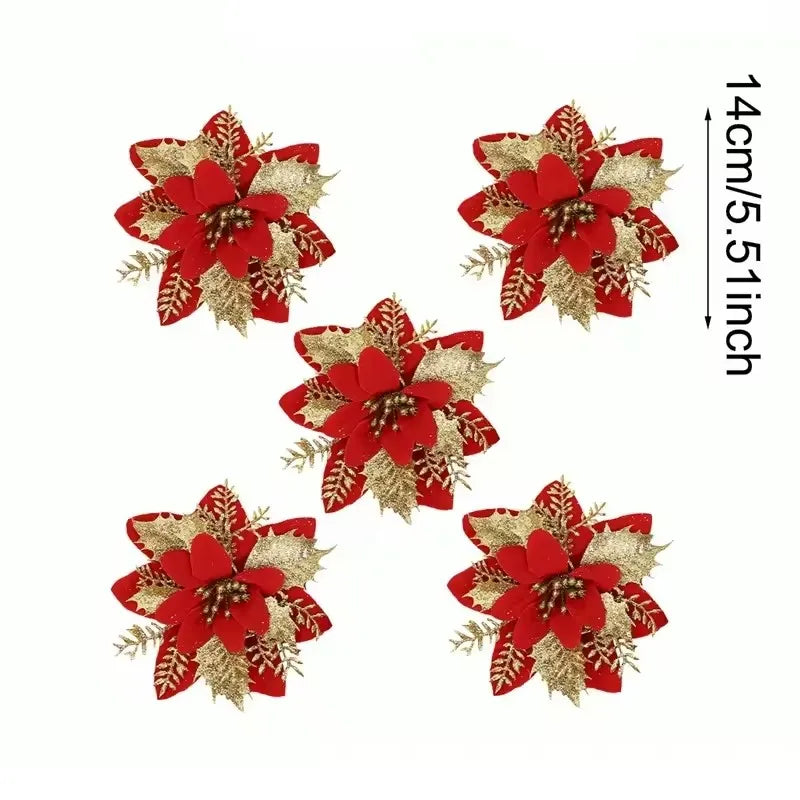 Glitter Christmas Artificial Flower Tree Hanging Ornaments Christmas Tree Ornaments Qme Red Gold 5pcs