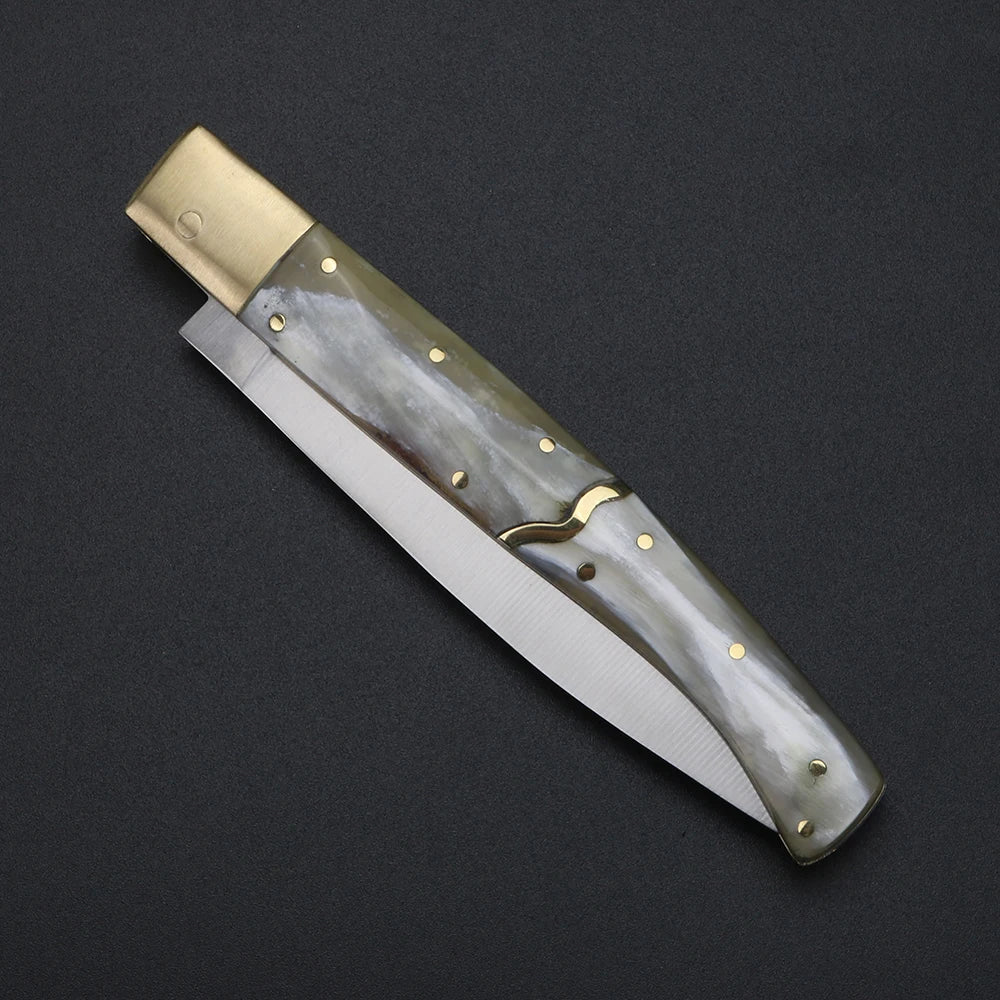 Yak Horn Folding Knife Damascus Steel – Italian Style EDC Folding Pocket Knife Qst