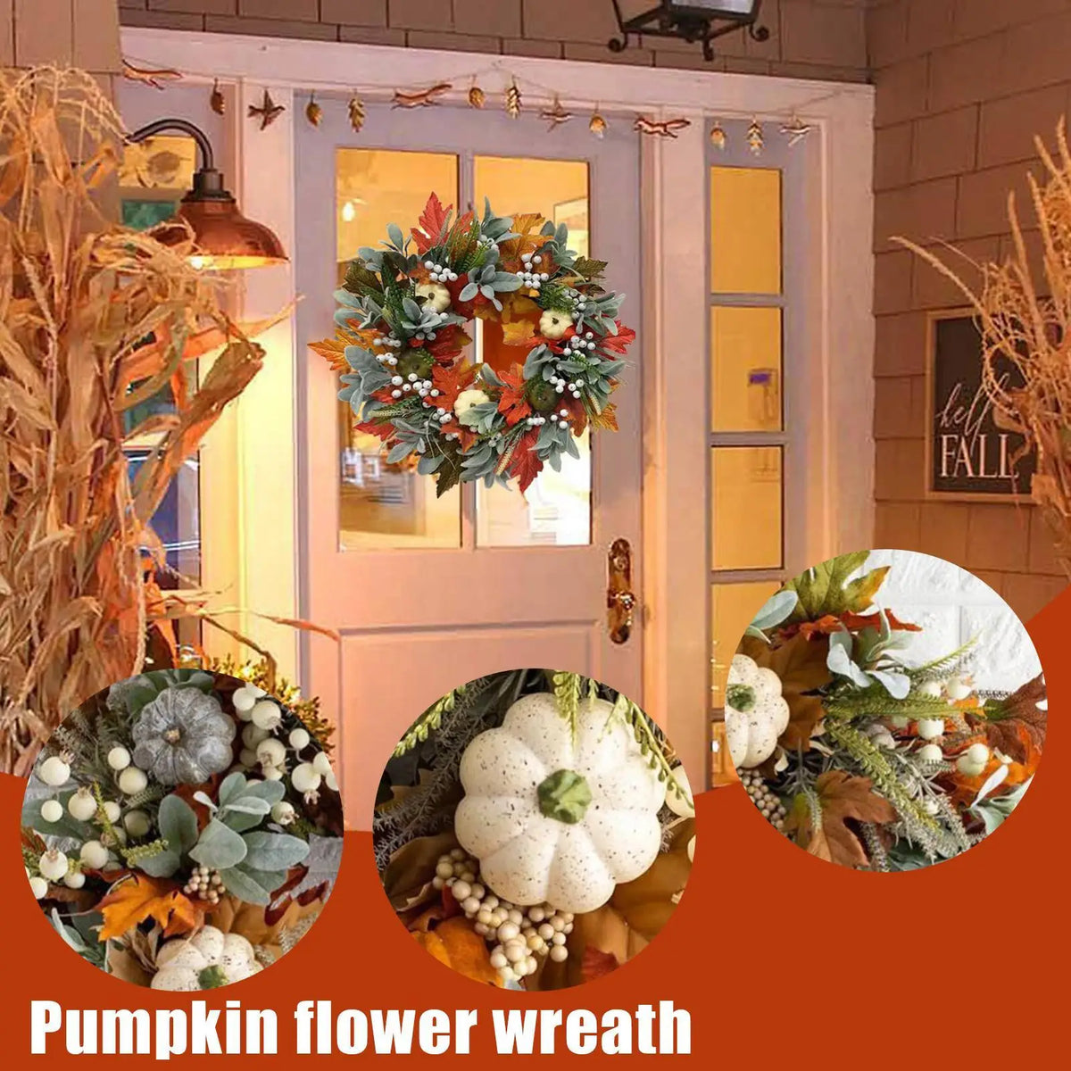 Halloween Harvest Wreath – Maple Leaves & Pumpkin | 18" Decor Seasonal Wreath Qme