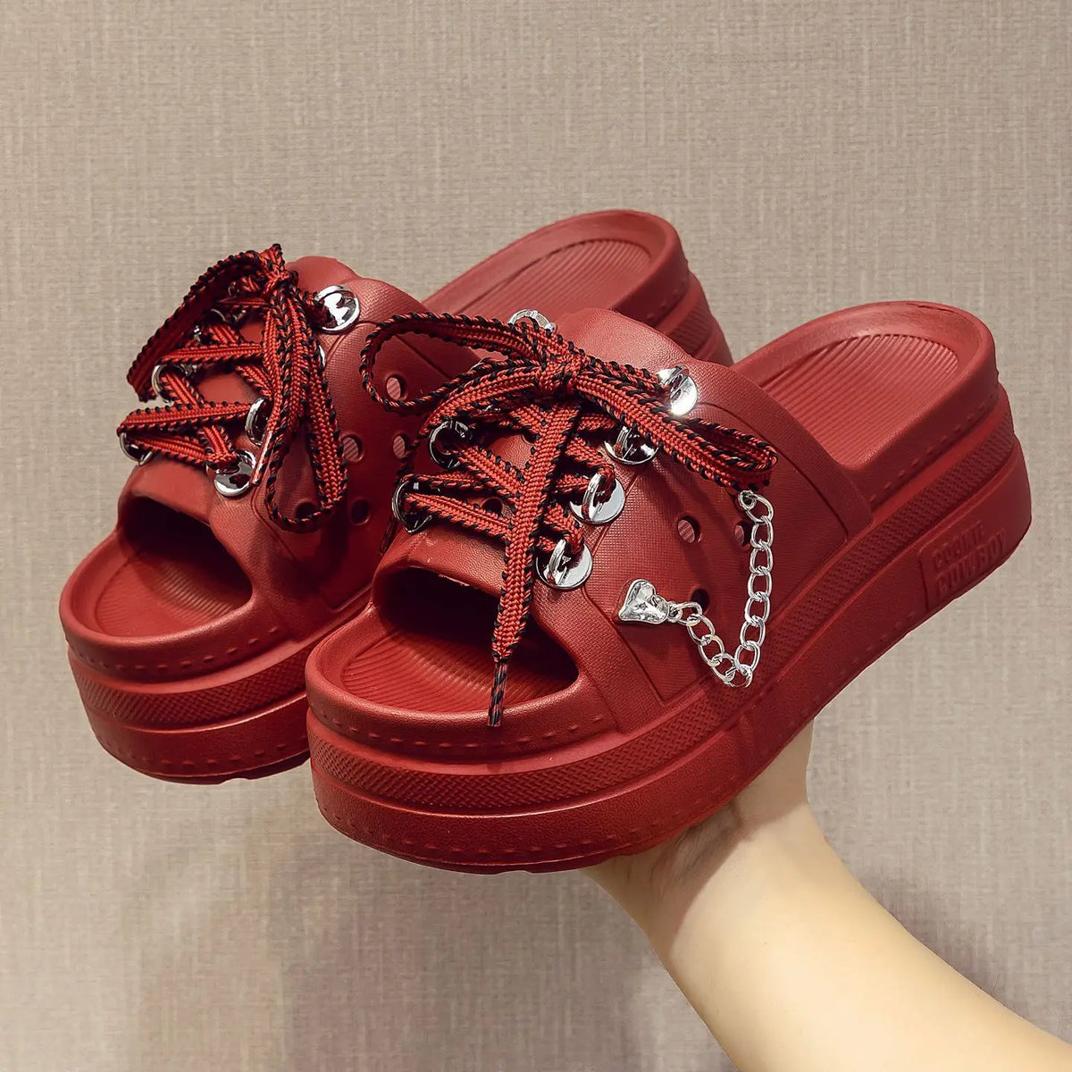 Women's Platform Slides – Lace-Up Metal Chain Summer Slippers Platform Slides Qst