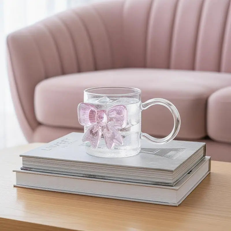 Pink Bow Glass Cup with Handle – Heat-Resistant Borosilicate Decorative Glass Cup Qme