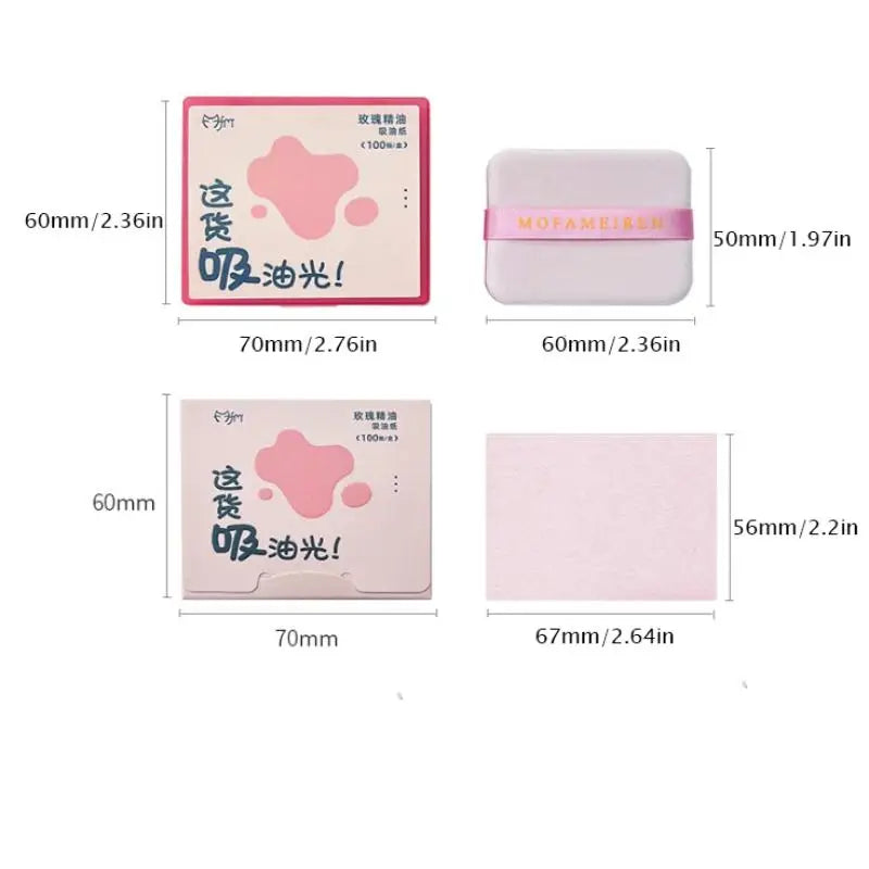 100-Sheet Oil-Absorbing Papers with Mirror Case & Puff Facial Blotting Papers Qme
