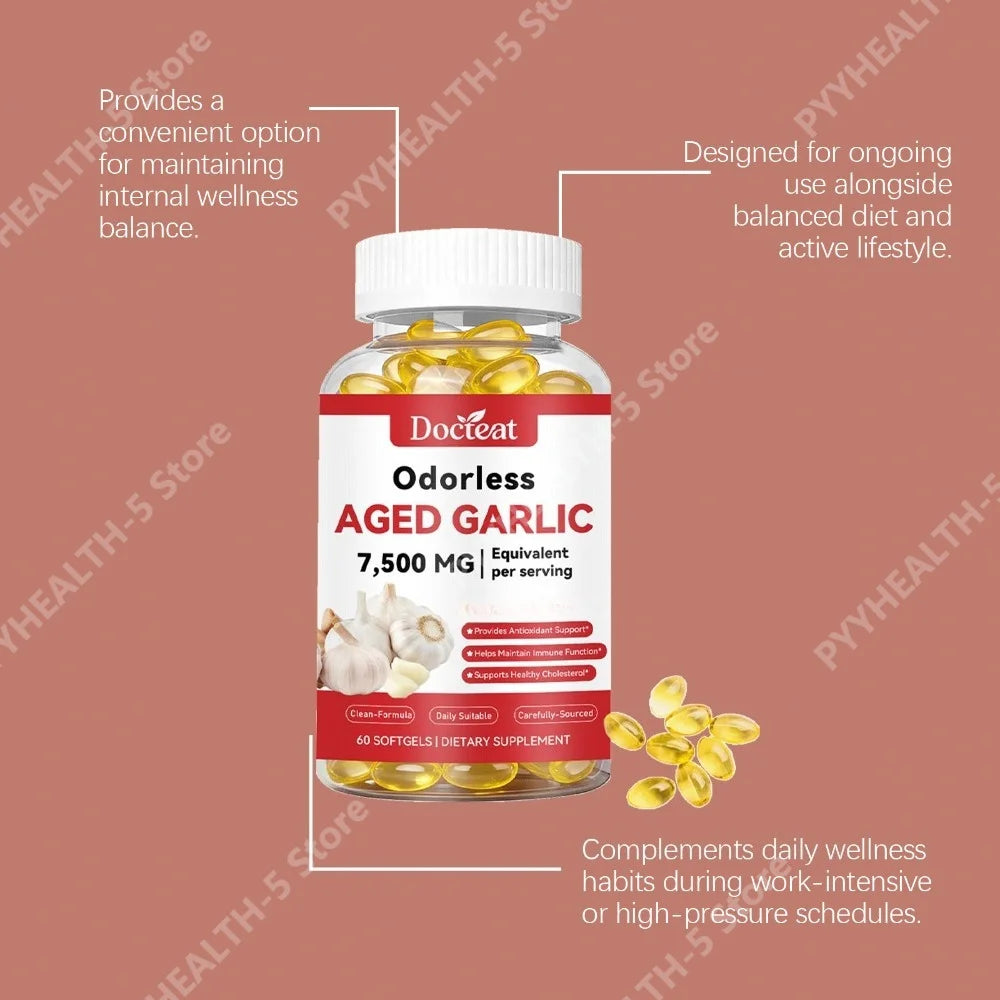 Docteat Odorless Aged Garlic Softgels – Antioxidant, 60ct Garlic Supplement Qst
