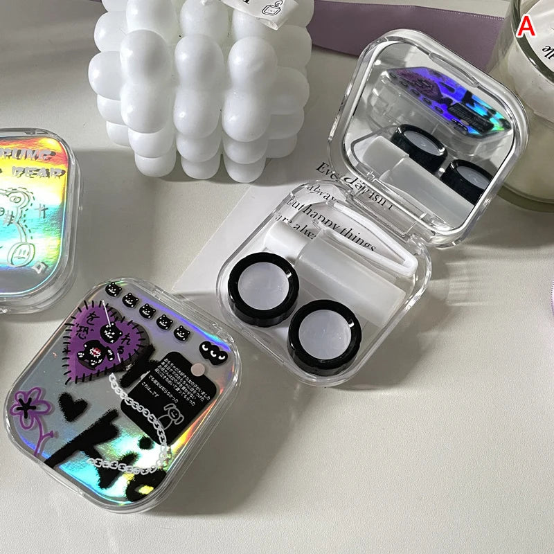 Laser Contact Lens Case Travel Set with Mirror | Portable Box Contact Lens Case Qst A