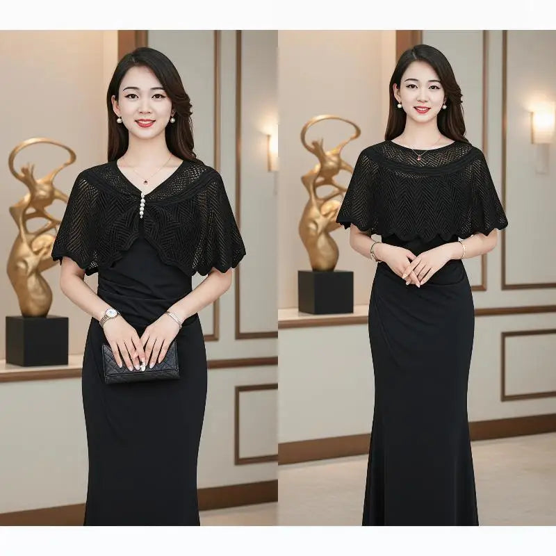 Knitted Hollow Shawl Cape with Pearl Brooch – 6 Colors Knitted Shawl Cape Qme