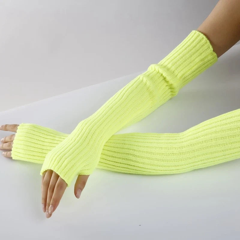 Women Long Fingerless Gloves Lolita Kawaii Knit Arm Warmers Fingerless Arm Warmers Qme Bright Yellow length-52cm