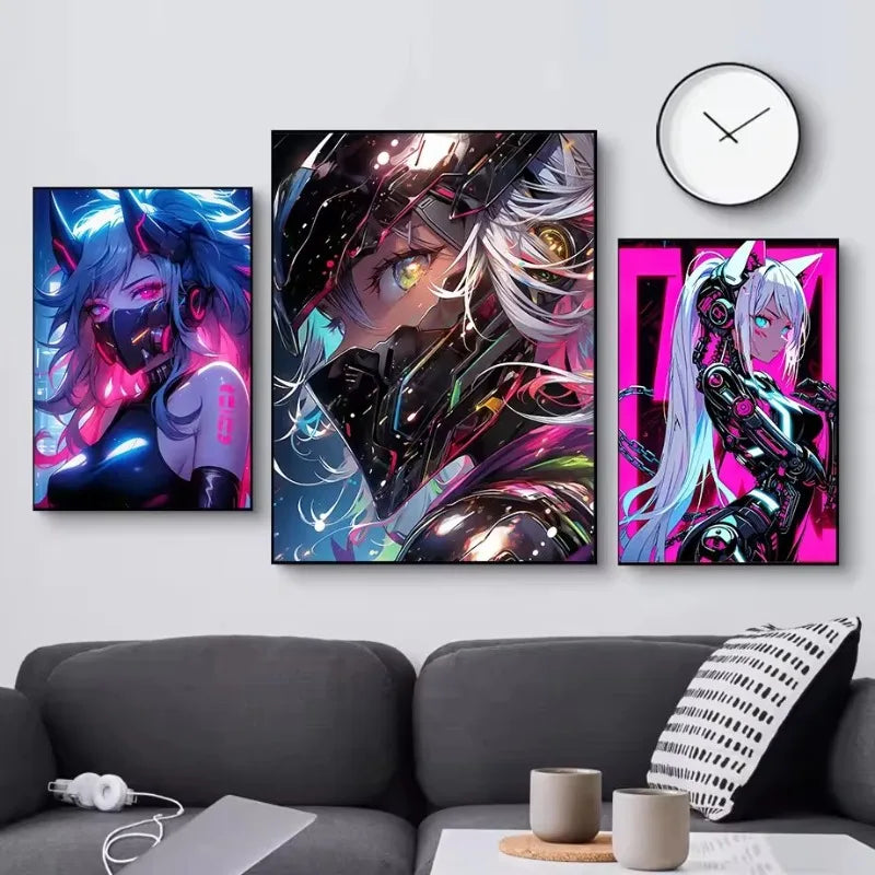 Cyberpunk Anime Girl Canvas Poster | Modern Wall Art Decor Canvas Wall Art Qst