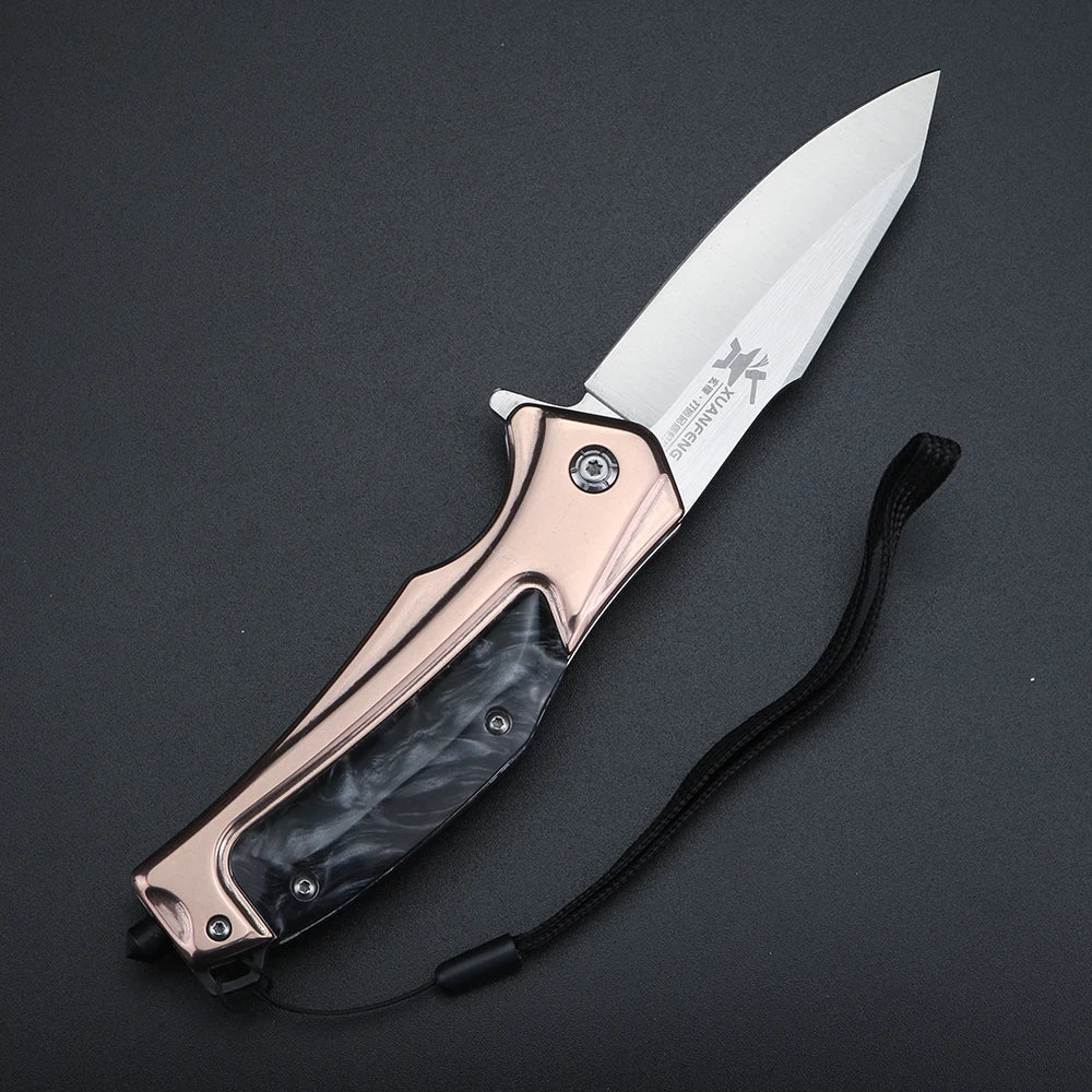 XUAN FENG Golden Folding Knife – D2 Steel Camping Pocket Blade Folding Pocket Knife Qst