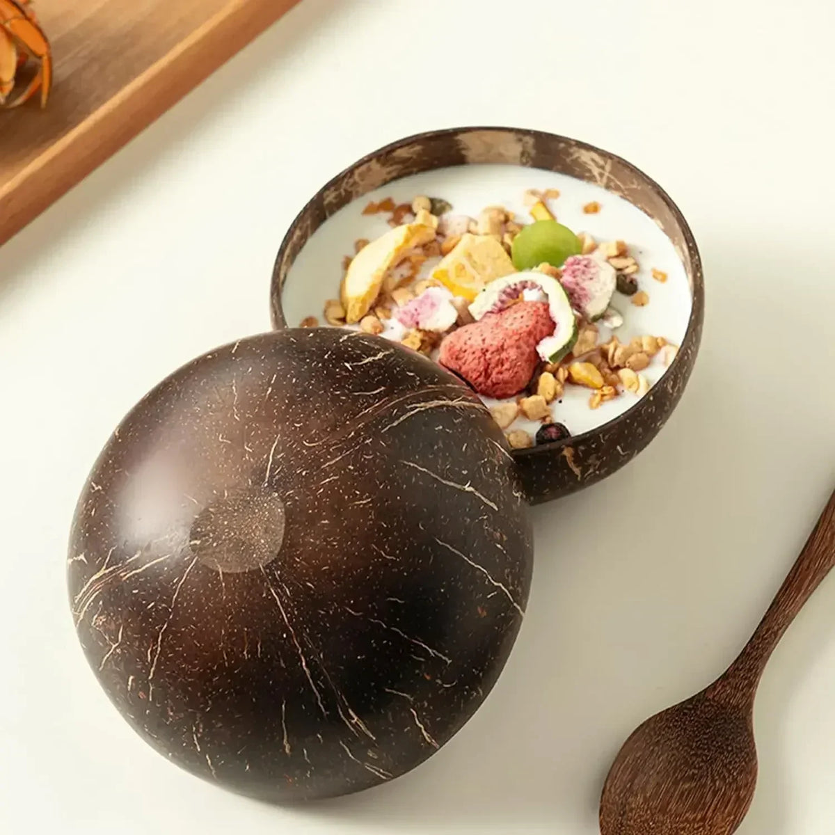 Natural Coconut Shell Bowl & Wooden Spoon Set | Polished Coconut Shell Bowl Set Qme