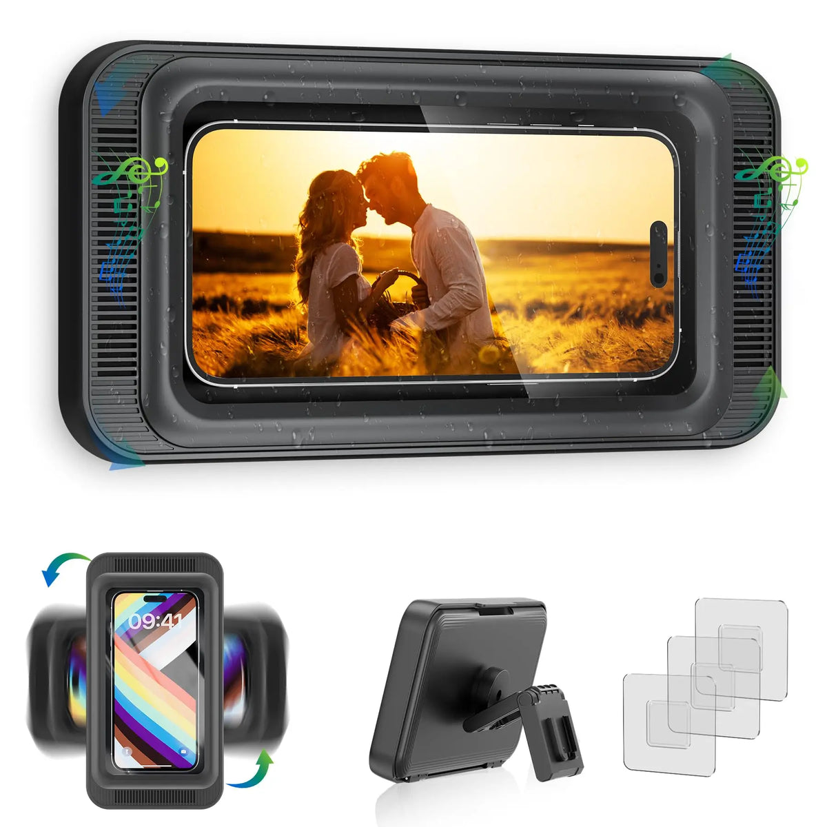 Waterproof Shower Phone Holder & Speaker – 480° Wall Mount Shower Phone Holder Qme black