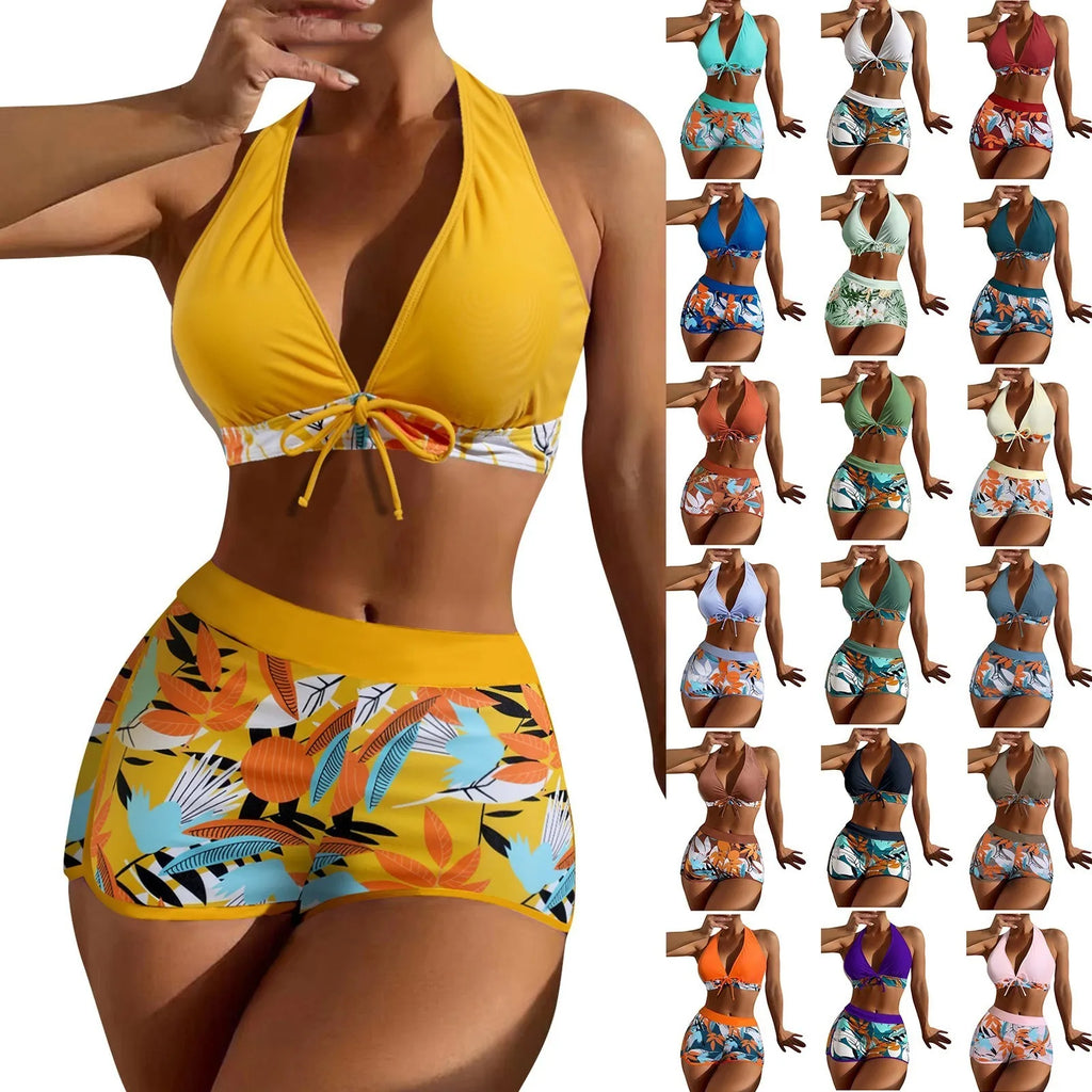 Women's Paneled Printed Two-Piece Swimsuit | High Waist V-Neck Two-Piece Swimsuit Qme