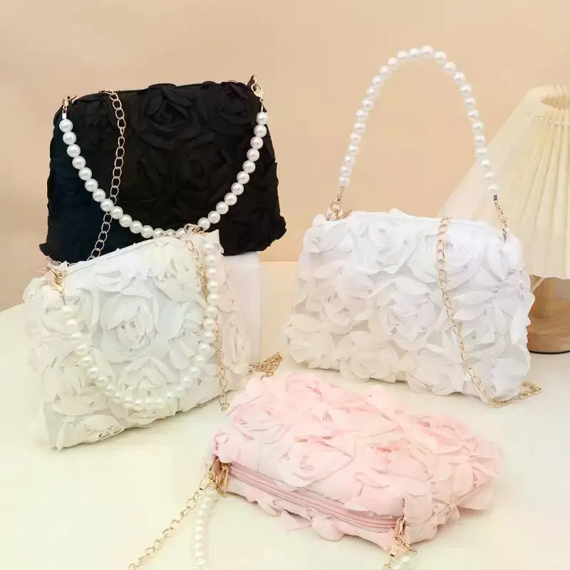 Ladies 3D Rose Floral Shoulder Bag | Pearl Handle & Chain Floral Shoulder Bag Qme