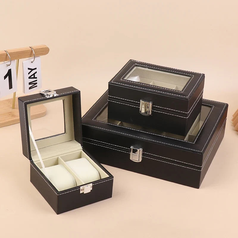 PU Leather Watch Box Display Case with Framed Glass Lid Watch Display Case Qme