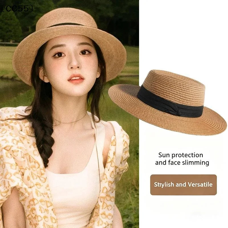 French Flat Top Straw Hat – Women's Beach & Travel Sun Hat Women's Straw Hat Qst
