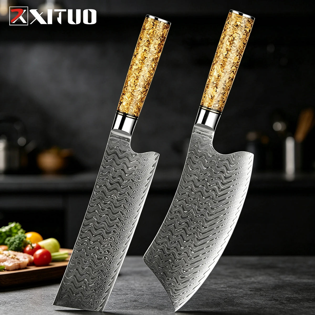 XITUO Damascus Steel Kitchen Knife Set – 4 Piece Professional Kitchen Knife Set Qst 2PCS Knife C