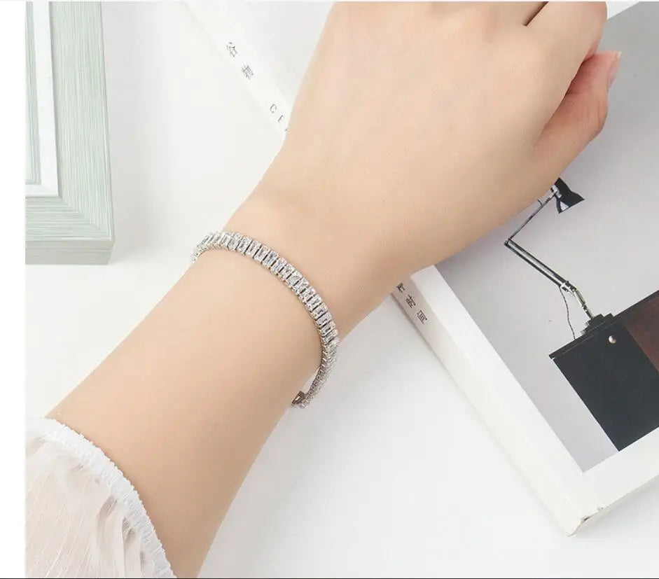 925 Sterling Silver Charm Bracelet with Zircon Crystals Silver Charm Bracelet Qme