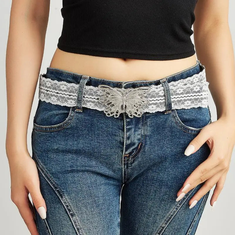 White Floral Lace Waist Belt – Adjustable Women's Waistband Lace Waist Belt Qst
