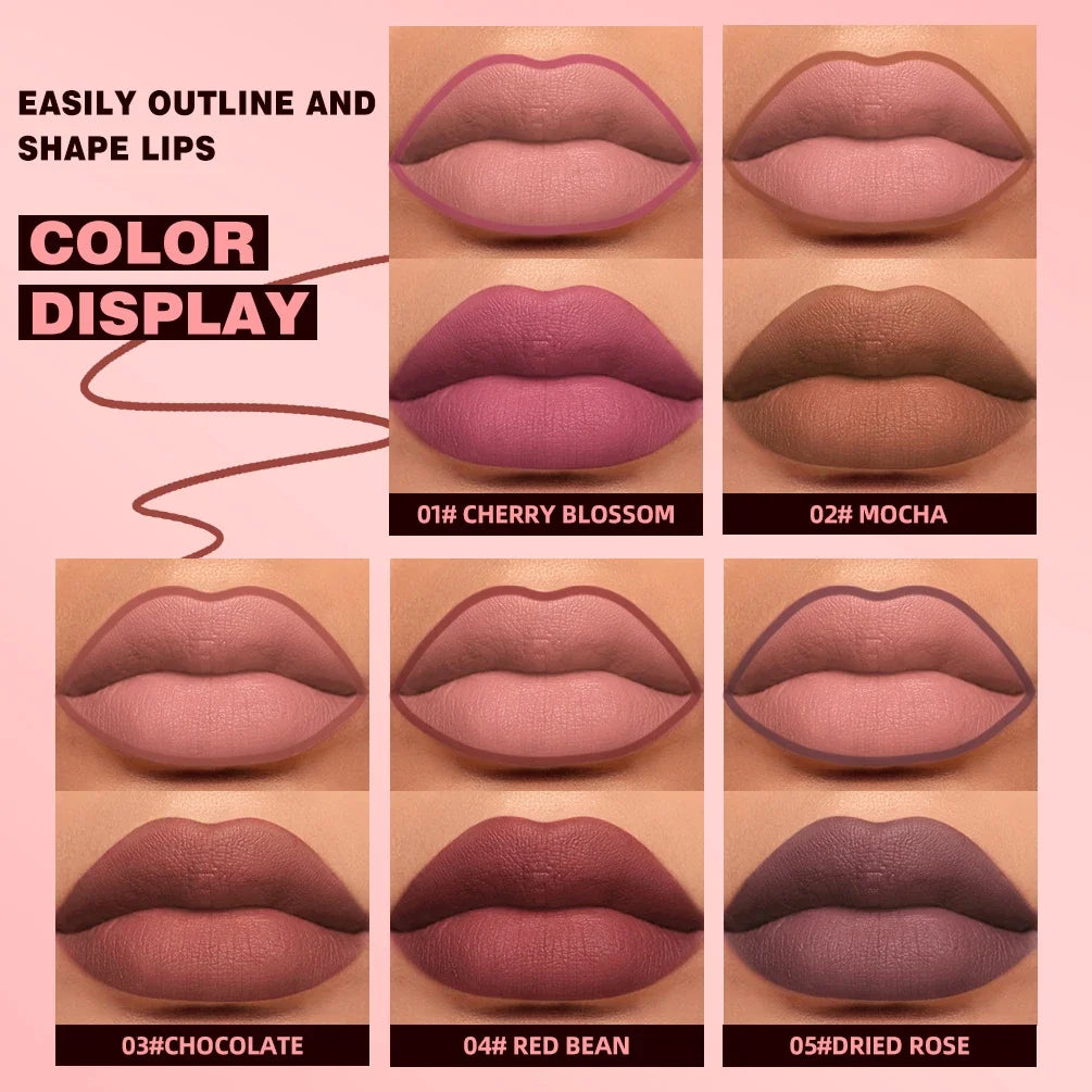 QIBEST 5-Color Nude Matte Lip Liner Pen – Non-Drying, Waterproof Lip Liner Pen Qme