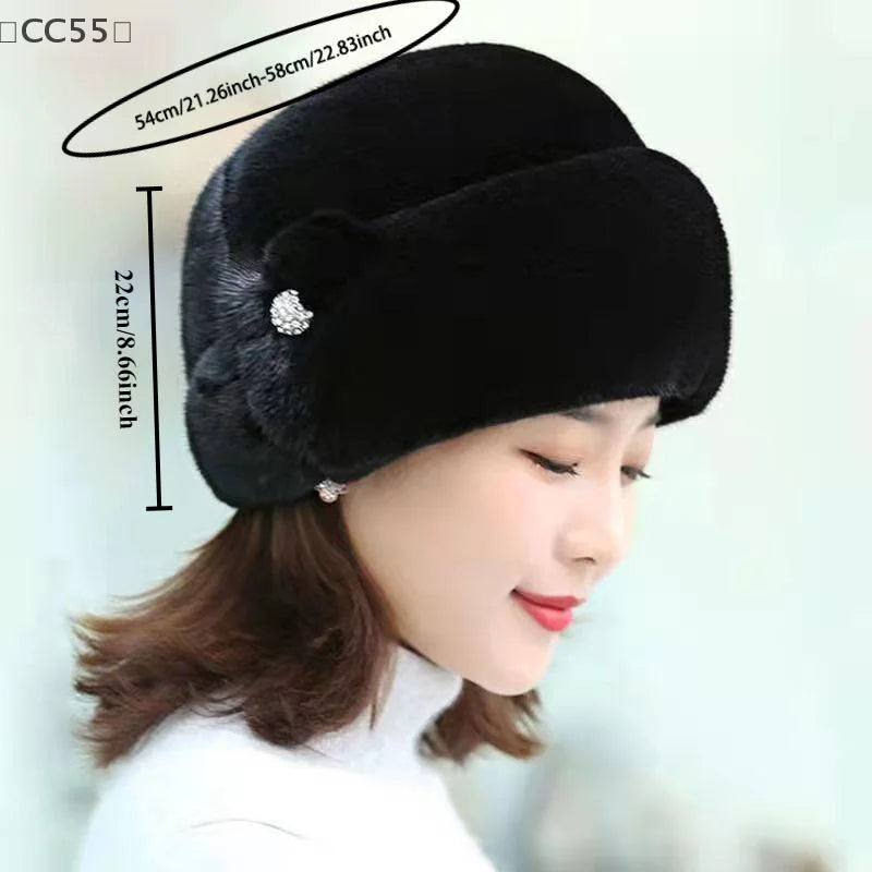 Women's Faux Fur Winter Bucket Hat with Flower Decor Winter Bucket Hat Qst